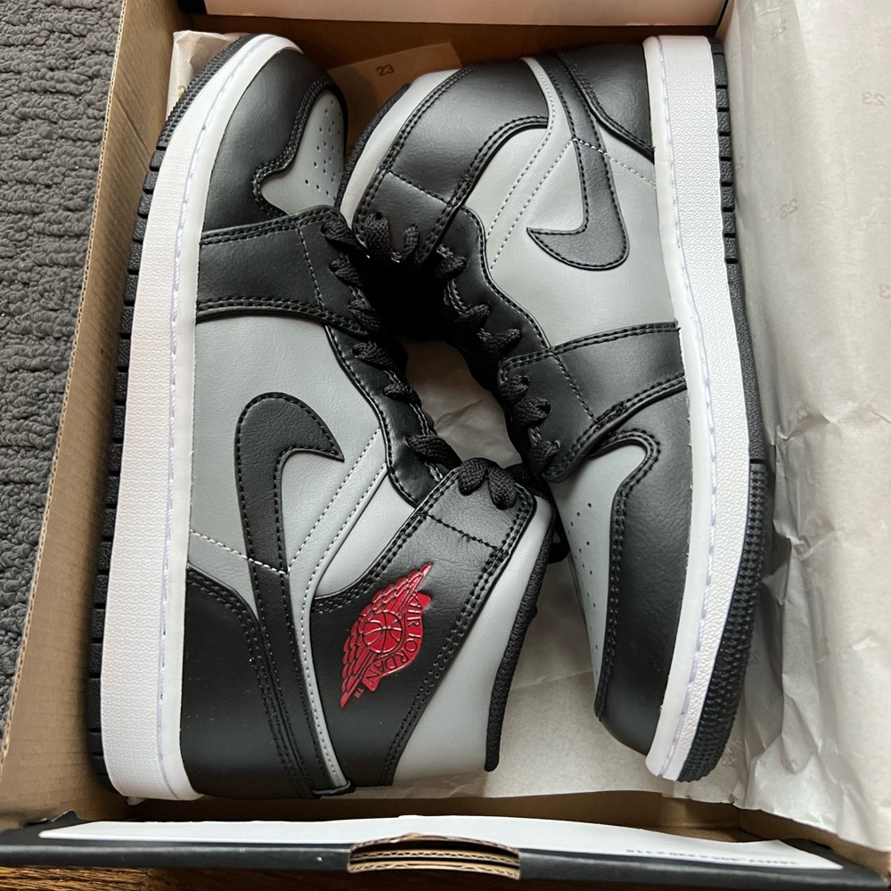 Nike Air Jordan 1 Mid - Black and Shadow Grey with Red Swoosh